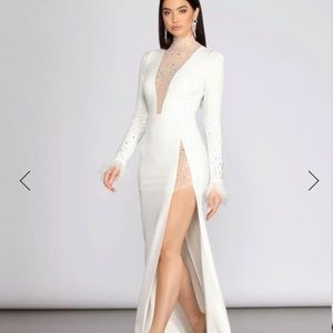 Beka Mesh and Heat Stone High Slit Dress